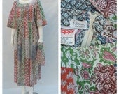 Vtg 70s Indian Patchwork Print Gauze Caftan Dress w/ Scarf  sz s/m