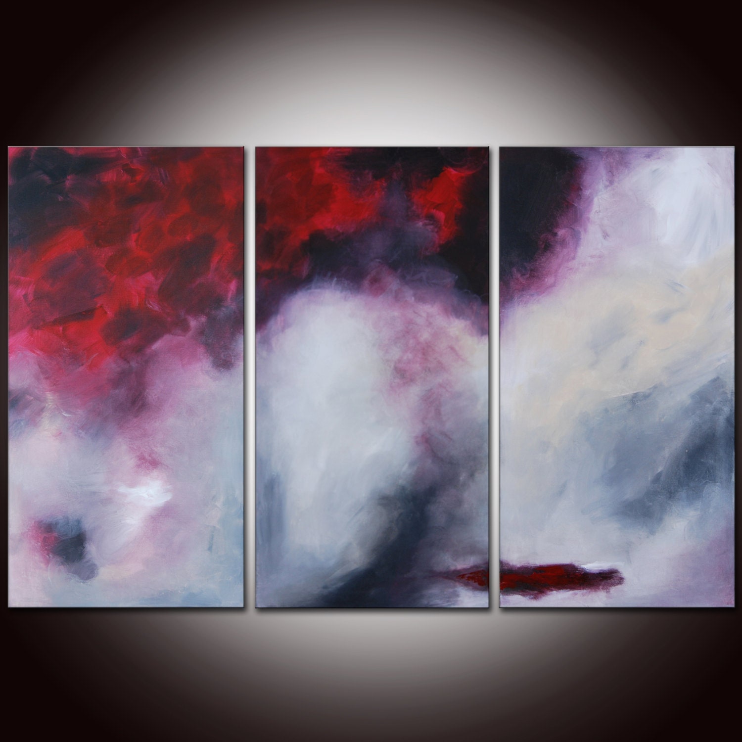 Large RED Abstract Painting Triptych - Original Red Painting 54 x 36 - Colorful Painting by Andrada