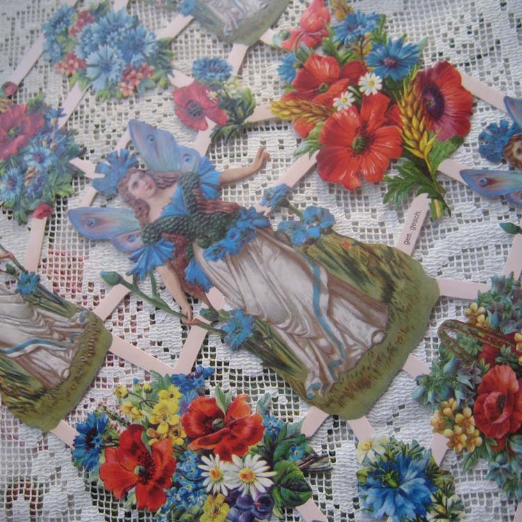Germany Paper Scraps Lithographed Die Cut Victorian Blue Flower Fairies