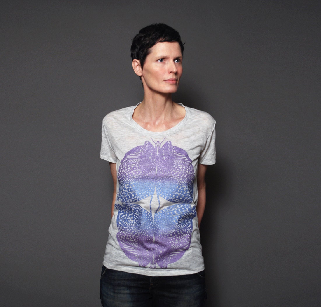 Womens T shirt - Purple and Blue Butterfly Spring Fashion Loose fit T-Shirt - Alternative Apparel Heather Scoop Neck T shirt Top