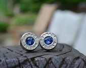 Bullet Earrings stud or post, nickel silver Hornady .40 S&W with sapphire blue Swarovski crystals