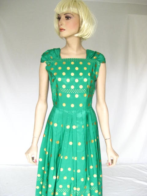 Vintage 40s Green and Gold Polka Dot Party Dress