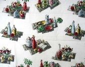 2 Yard Length 1950 Vintage Old Store Stock Bark Cloth Fabric, Still Life Table Scenes on White
