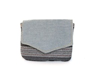 travel clutch // navy and red tribal stripe - light blue chambray // cosmetics bag with mirror - makeup bag