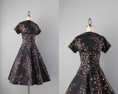 50s Dress / Vintage 1950s Black Floral Dress / Fifties Cotton Day Dress