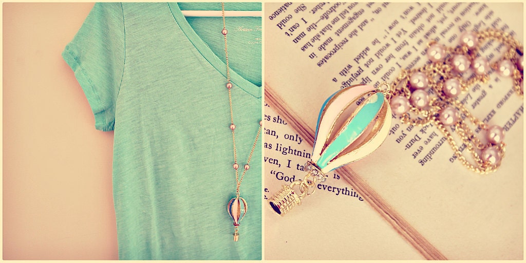 The little hot air balloon. a whimsical & sweet vintage style necklace. long.