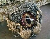 Gothic Steampunk Evil Cat Eye Pendant Red Black