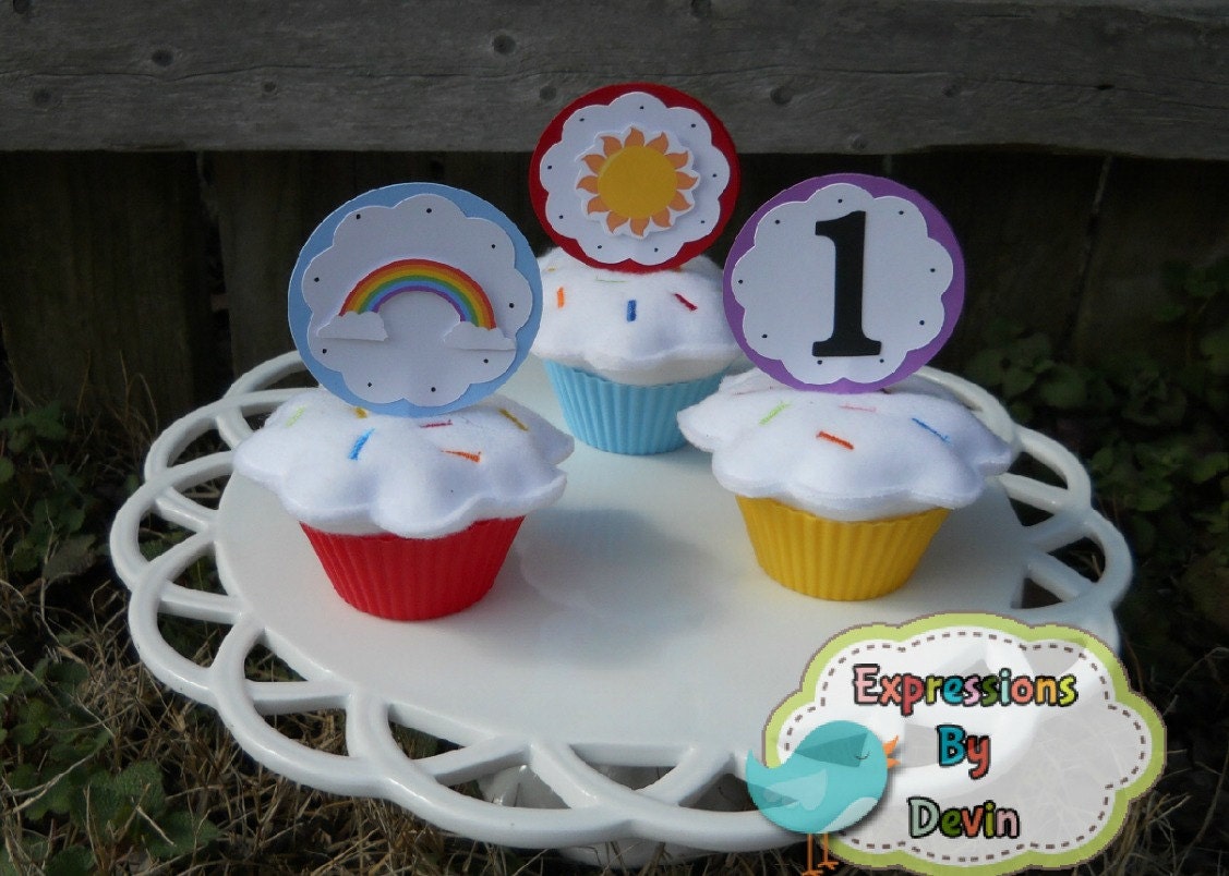 Rainbow and Sunshine Theme Cupcake toppers ( 1 set of 12)