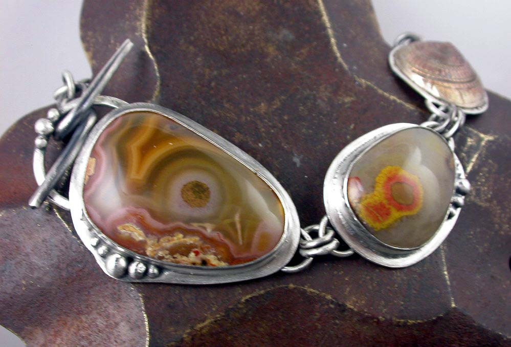 Multi Stone Linked Sterling Bracelet with Laguna Agate - Ocean Jasper - Crazy Lace - Moctezuma - Bronze Metal Clay