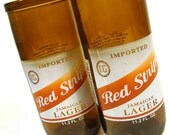 Set of Two Recycled Red Stripe Beer Bottle Drinking Glass Cups