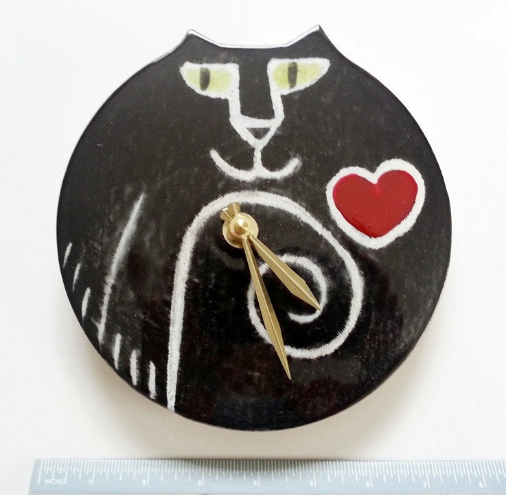 wall clock: handmade cat round black red heart green eyes ceramic USA shipping included