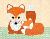 NEW A3 SIZE: Cute little Fox with baby Fox  Collage Poster Print, Nursery wall art, children's room