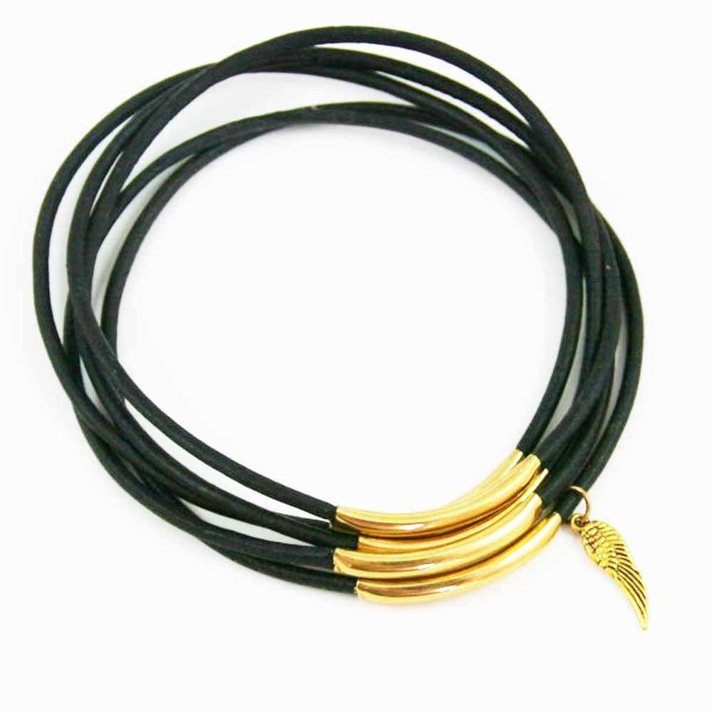 Black Leather Bangles with Gold Wing Charm, Bird Bangles, Boho Chic Bracelets, Sundance Jewelry