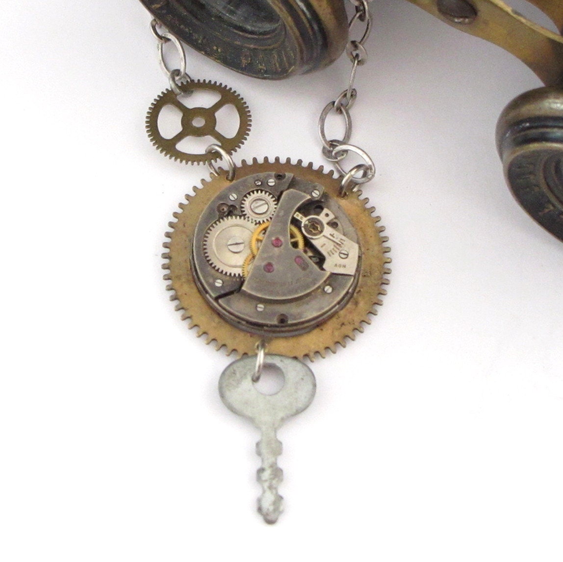 Industrial Steampunk Gears Necklace OOAK Vintage 17 Jewels Watch Movement Exclusive Design By Mystic Pieces