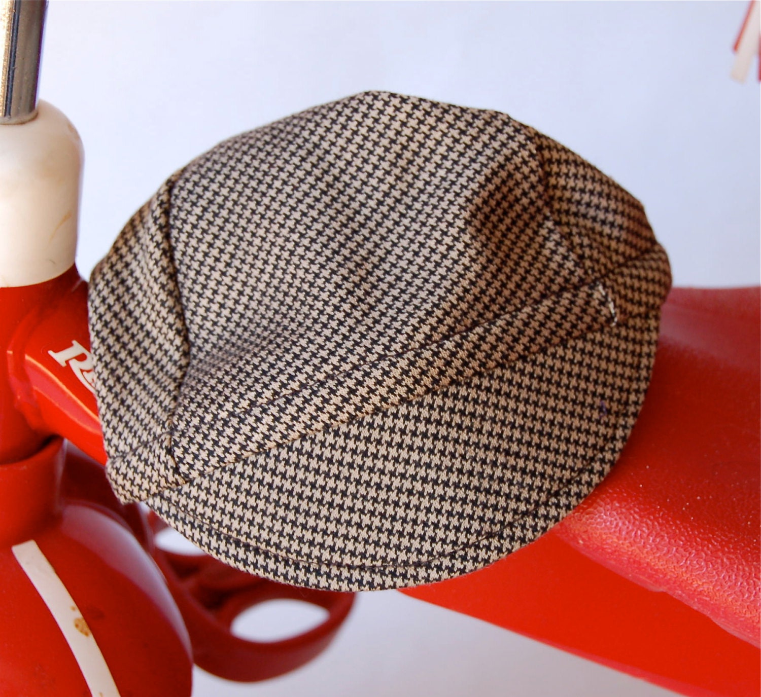 Baby Bike Cap (0-6 month) from Upcycled Comfy Lightweight Cotton Knit in Houndstooth Tweed
