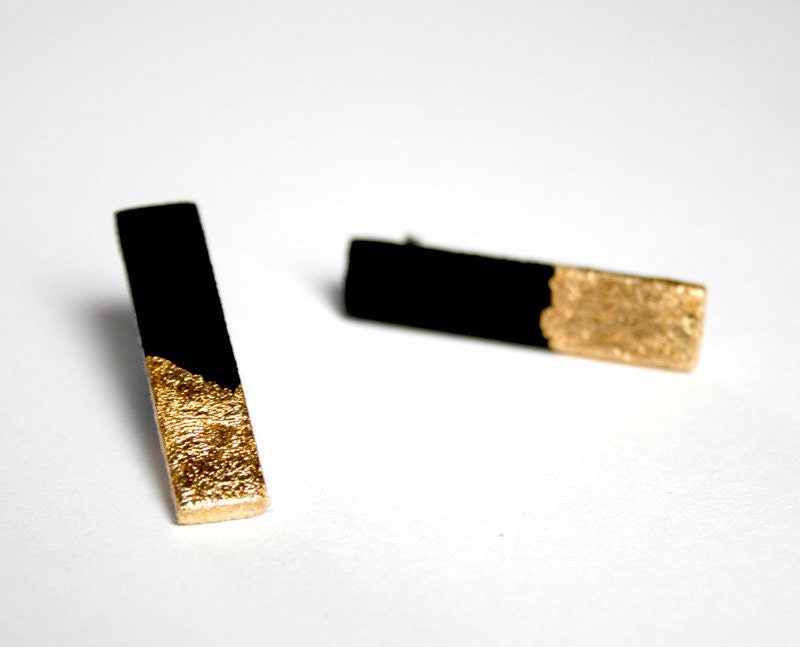 Black and gold.  Hand painted stud sticks earrings. Sterling silver posts. Minimalist earrings.
