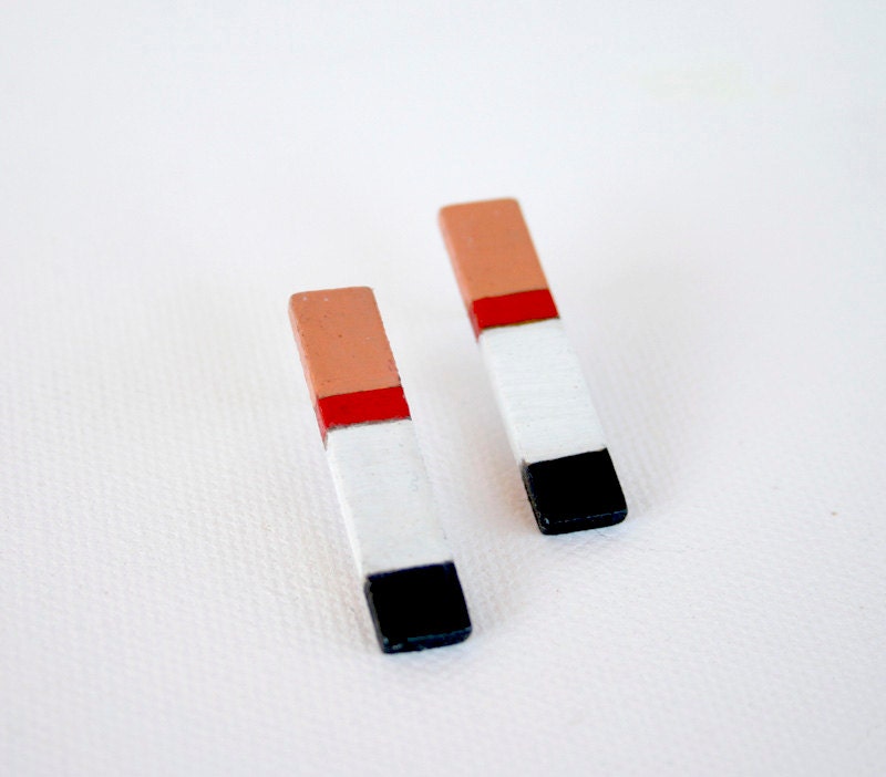 Stripes -black, red white and coral hand painted stud earrings. Surgical stainless steel post. Minimalist earrings.