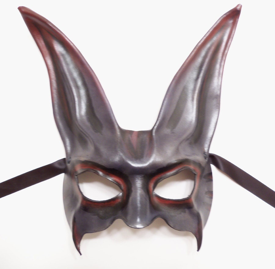 Grey Black Red Rabbit Leather Mask a little creepy freaky looking