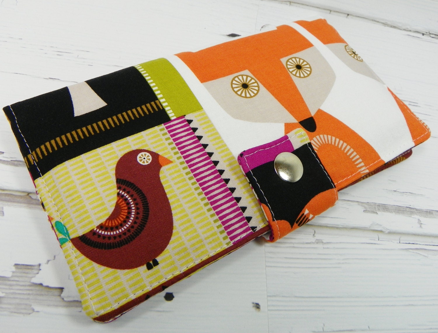 Handmade Long Wallet  BiFold Clutch - Large Fox and bird wallet