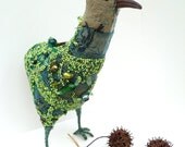 Green bird I, fiber art soft sculpture