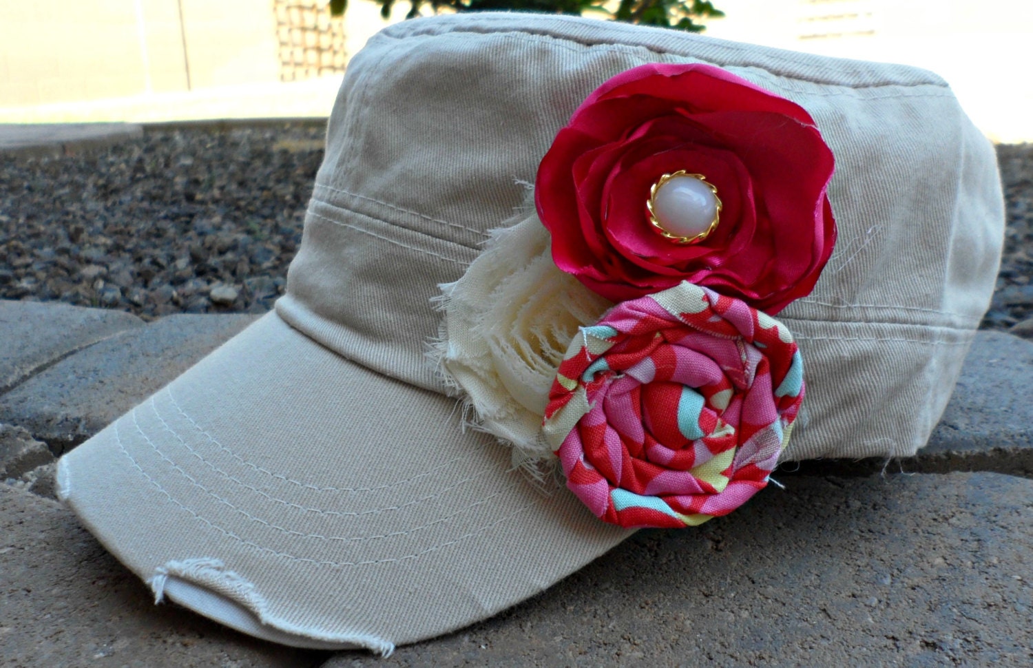 Pretty in Pink Stone Military Distressed Cadet Hat with Pink and Cream Flowers