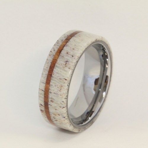Deer Antler Ring with Oak Pinstripe and Titanium Sleeve