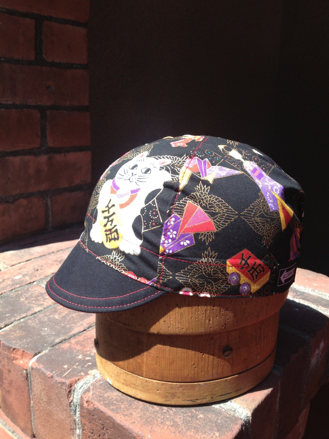 Japanese Lucky Cat and lucky symbols  handmade cycling cap black and gold