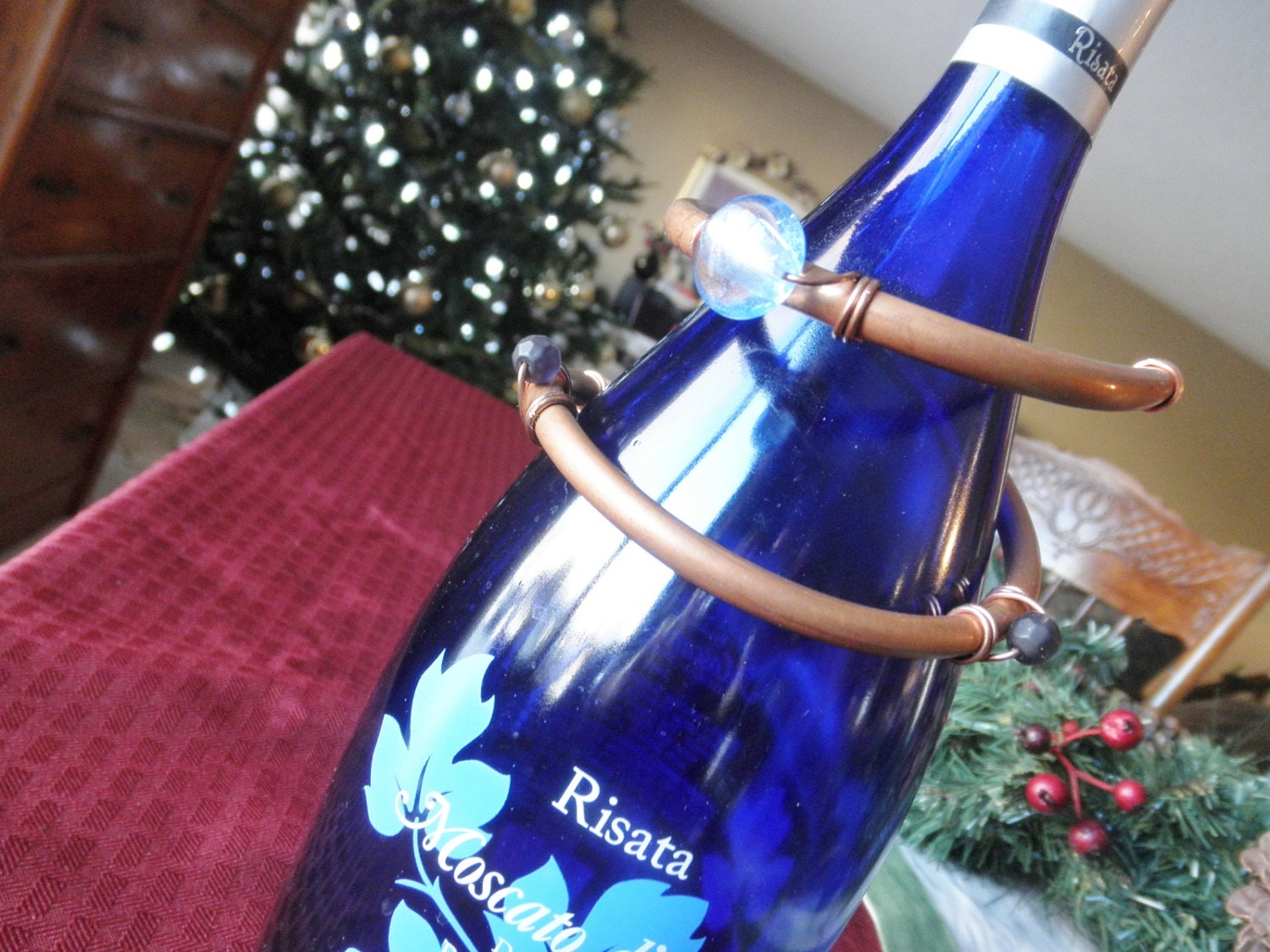 Wine Bottle Necklace - Blue Beads - Celebration - Gift Giving - for Host or Hostess - for Bride & Groom