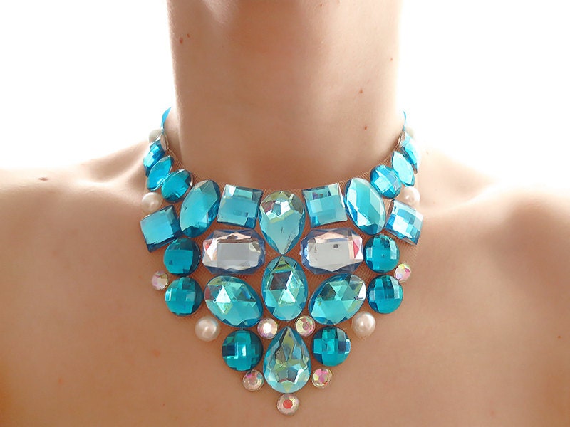Turquoise Necklace, Aqua, Baby Blue, Crystal AB and Pearl Rhinestone Bib Statement Necklace, Bridesmaid Necklace, Mermaid