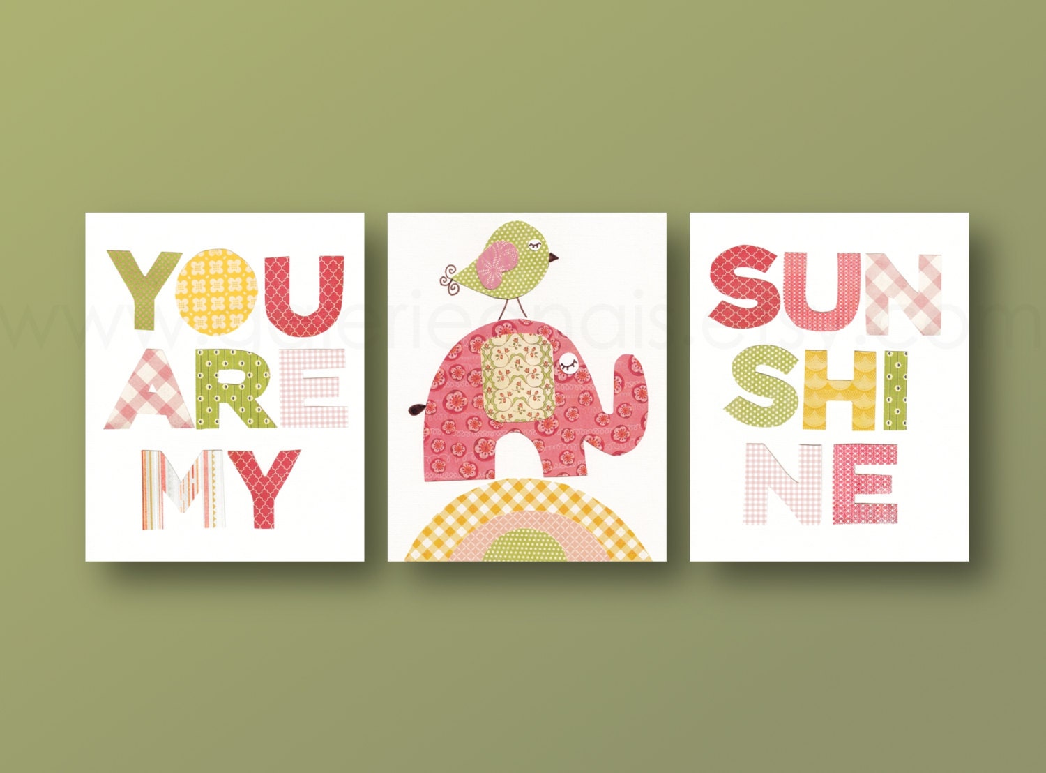 Nursery art, baby nursery decor, nursery wall, Kids art, kids decor, elephant, pink, words, Set of 3, 8x10 Prints - You Are My Sunshine