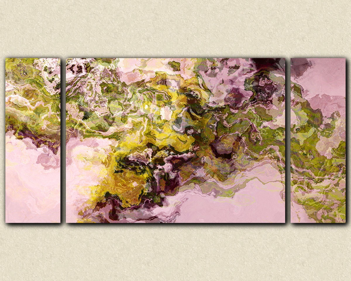 Abstract expressionism triptych canvas print, 30x60 gallery wrap giclee in earthy green and mauve, from abstract painting "Silk Road"