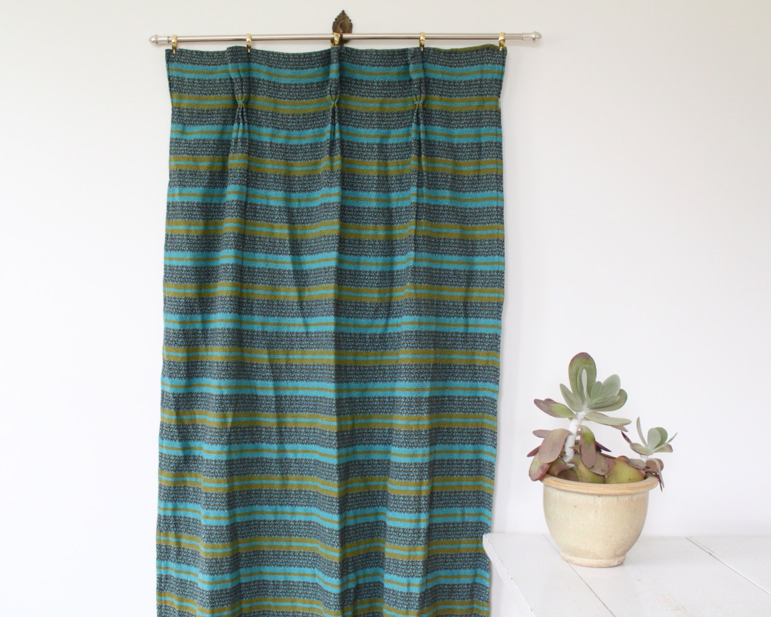 Vintage 1950s curtain. Teal striped woven drapery panel. Door curtain. Midcentury modern decor. Aqua, Olive / the BREAKFAST NOOK curtain
