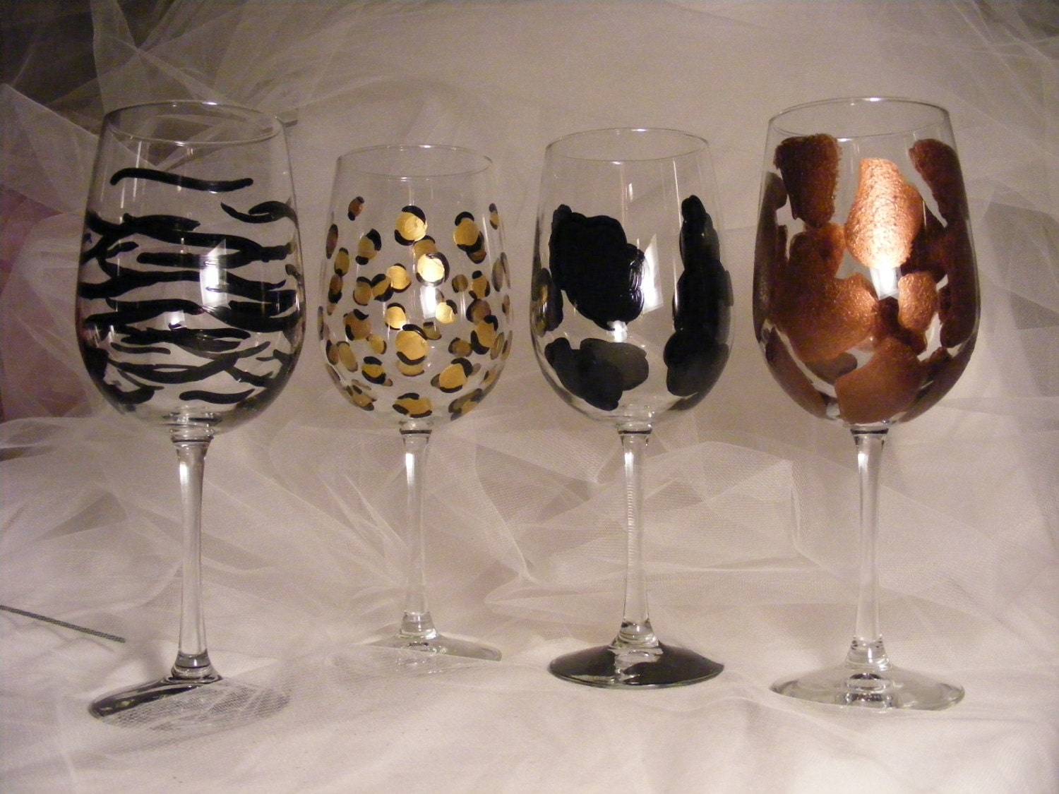 painted animal print wine glasses on oversize wine glasses