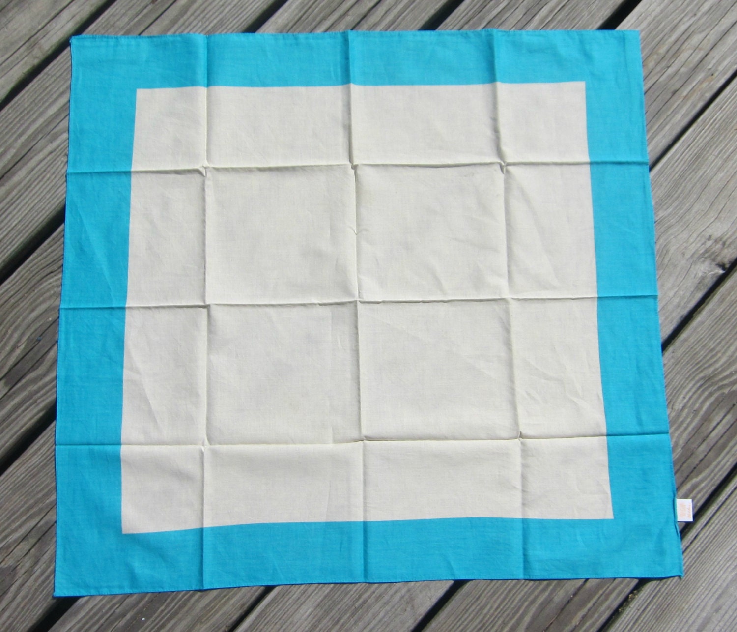Vintage Scarf - Turquoise Border on White - 26inch Square