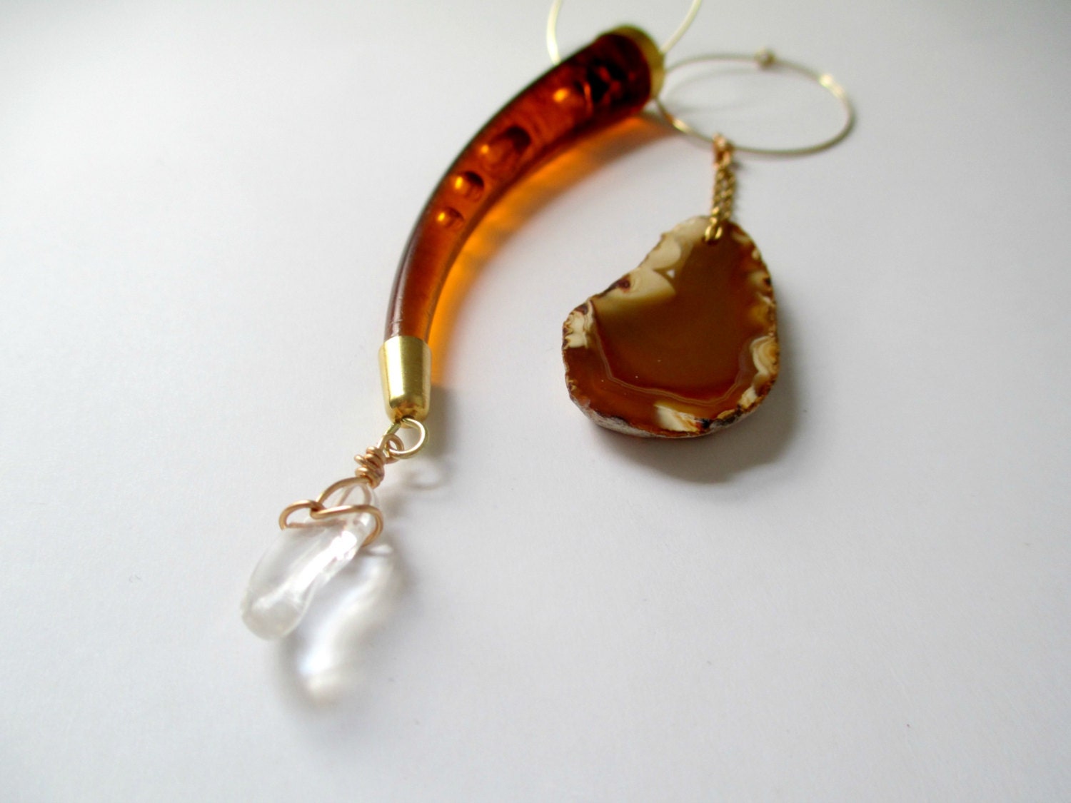 Asymmetrical Boho Hoop Earrings. Agate Slice, Quartz Point And Vintage Horn