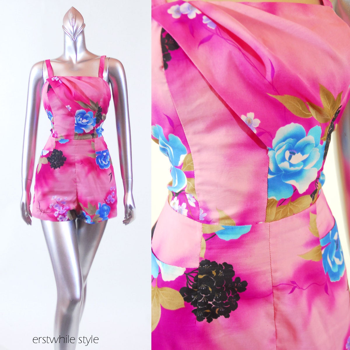 Vintage 1960s Paradise Hawaii Pink Floral Swimsuit LG
