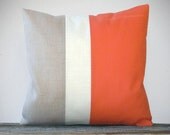 20x20 Color Block Pillow in Nectarine, Cream and Natural Linen by JillianReneDecor Spring Home Decor Colorblock Striped Trio Gift for Her
