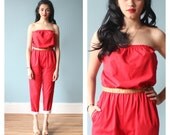 red tube top jumpsuit / one piece sleeveless romper / small - medium / 1980s