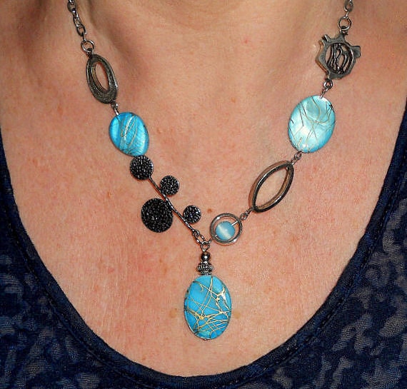 Necklace, boho chic aqua blue and silver bubble bib necklace, Gypsy jewelry