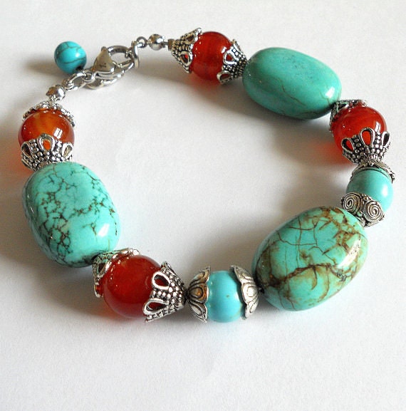 Turquoise Bracelet, silver, carnelian and turquoise chunky bracelet, bohemian jewelry