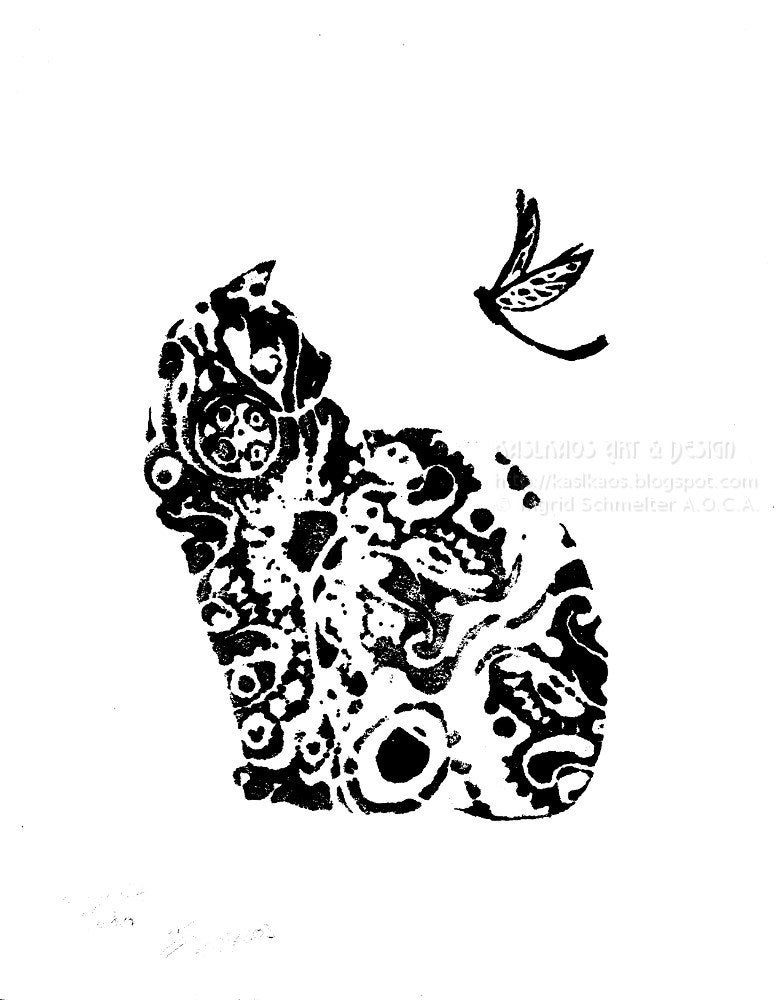 Neko Black and White Cat  Art original art Print hand-pulled print relief 8x10