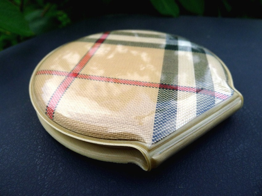 Vintage Purse Mirror Large Clam Case Red Black Beige Plaid Fabric 1970s Magnified and Regular Mirrors Original Owner