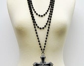 Black Necklace- Black Cross, Multi- Strand, Large Cross, Rosary Necklace, Long Necklace, Handmade, Goth, Statement Necklace