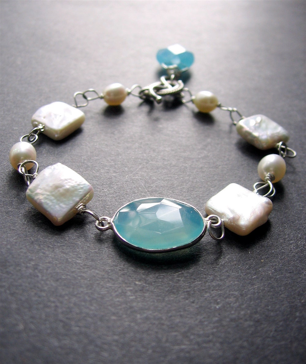 Chalcedony Pearl Bracelet. Wire Wrapped. Bridal Jewelry - Maeve Bracelet