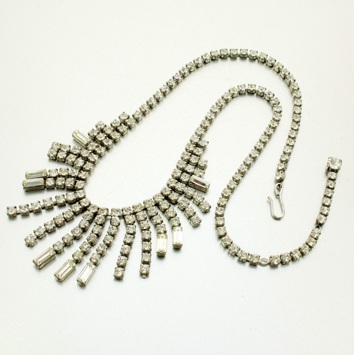 Vintage Rhinestone Bib Necklace, Fringe, Waterfall, Cascade, Diamante, 1950s