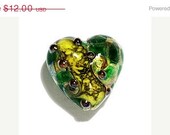 ON SALE 30% OFF 11816305 - Dark Green w/Silver Foil Heart Focal Bead - Handmade Lampwork Bead