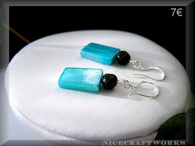 Blue Shell Earrings (w. 925 STERLING SILVER earwires and black lava stones)