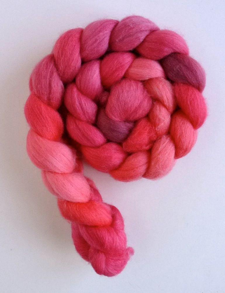 BFL/ Silk Roving - Hand Painted Spinning or Felting Fiber, Salmon Pink Tonal, 4 ounces
