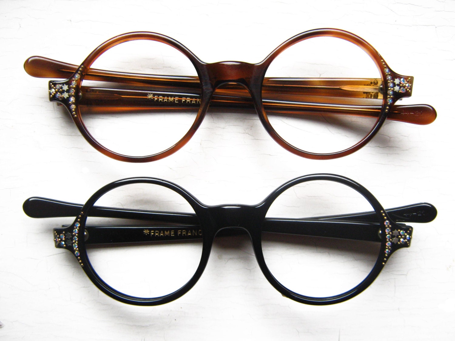 French Black or Tortoise Round Rhinestone Eyeglass Frames France Vintage 1960's
