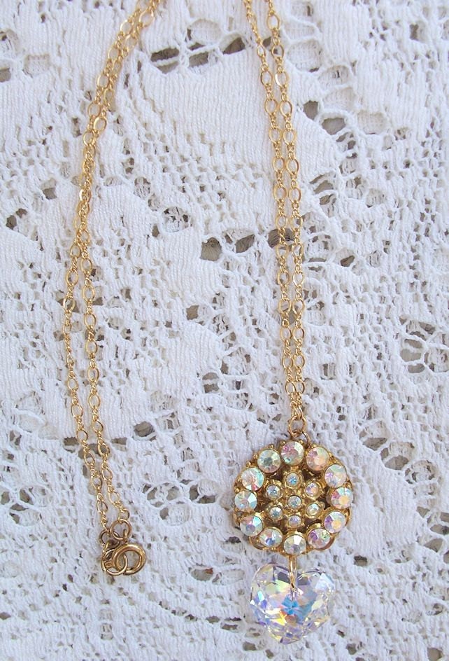 Vintage Aurora Borealis Rhinestone and Crystal Heart Necklace Gold Filled